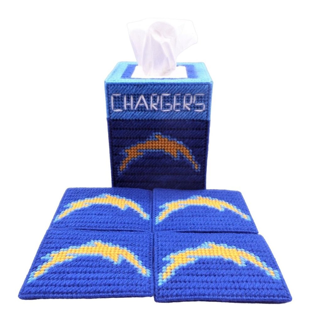 Los Angeles Chargers NFL Football Tissue Box Cover Coaster Set Plastic Canvas